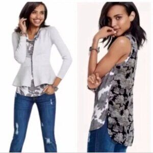 CAbi 3057 Tango Tank Grey Black White Floral Mixed Media Drape/Cowl Neck L 103P